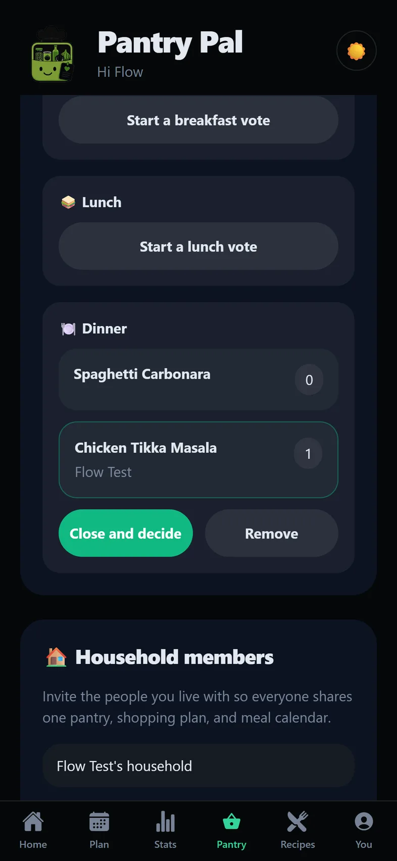 The Munch Hutch app showing a family vote for dinner between Spaghetti Carbonara and Chicken Tikka Masala