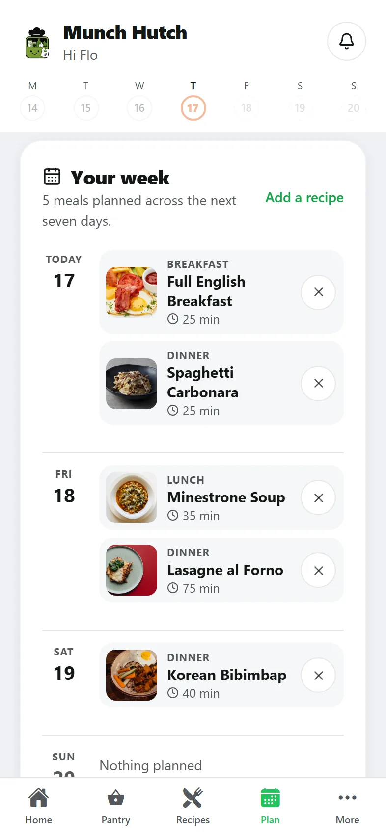 The Munch Hutch app's week plan: breakfast and dinner today, lunch and dinner on Friday, and dinner on Saturday, each with a photo and cooking time