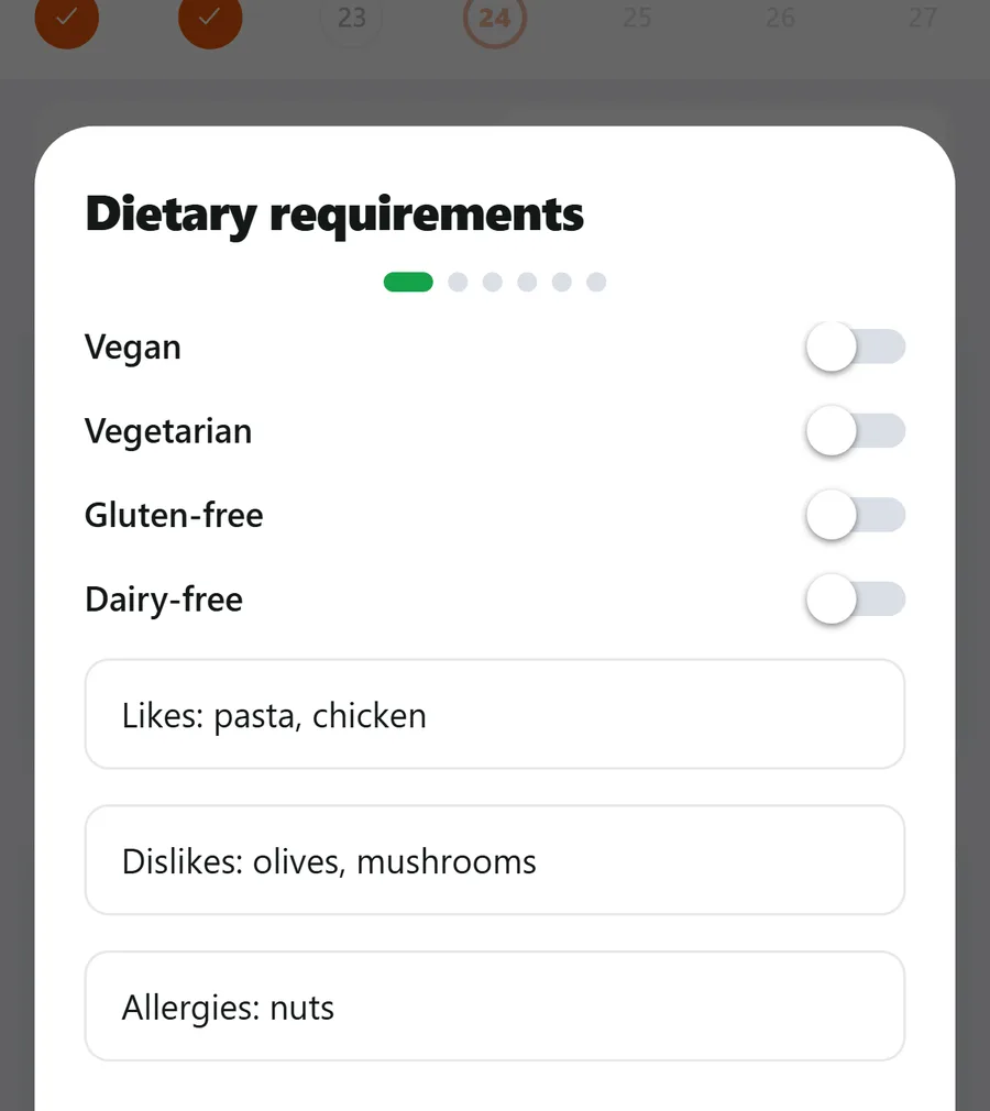 The preferences screen with nut-free, dairy-free, gluten-free, vegan and vegetarian filters