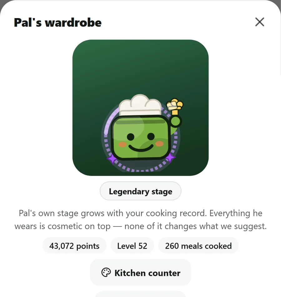 Pal's wardrobe: the mascot at its legendary stage above 43,072 points, level 52 and 260 meals cooked